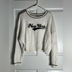 White Cable Knit Sweater with Black Trim